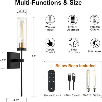Wireless Wall Sconces with Remote Control, Battery Operated Wall Sconce Set of 2, Black & Gold Rechargeable Dimmable Wall Light for Bedroom Living room Bathroom Hallway Entryway Stairwell, 3000K