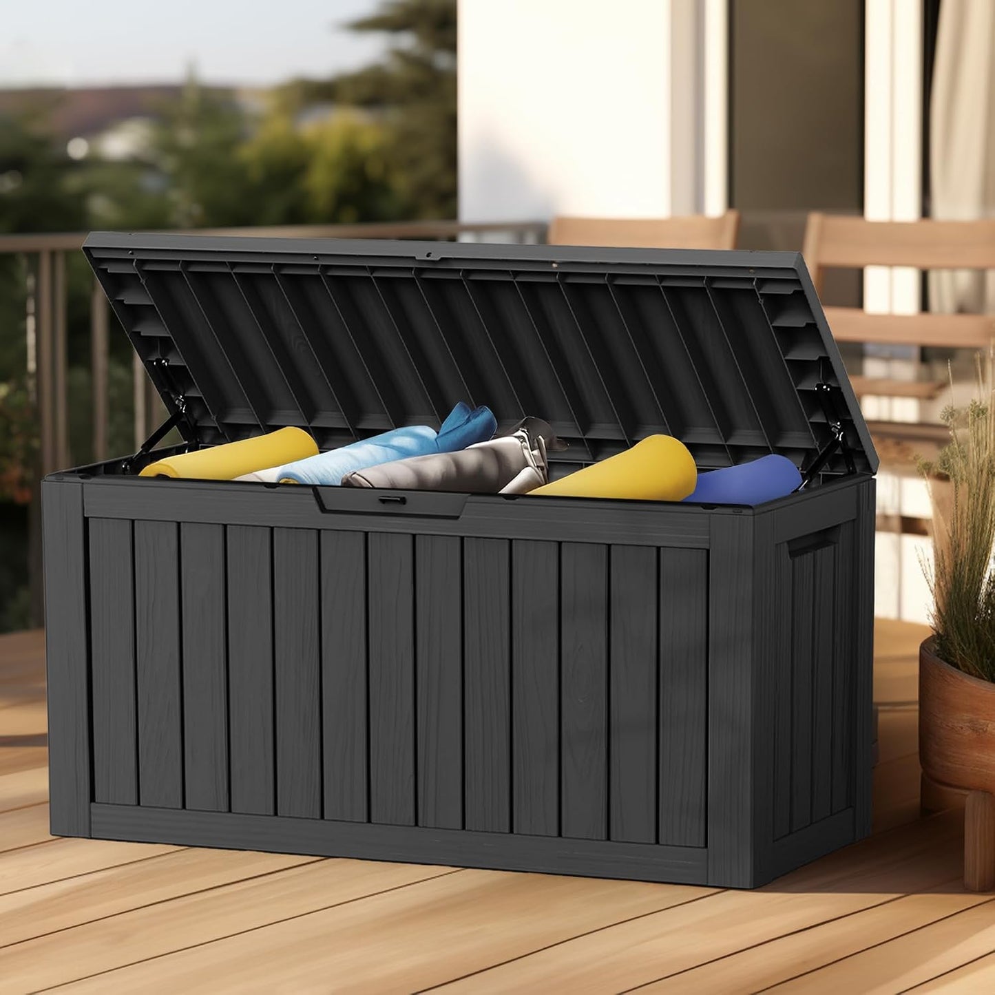 ROJIK 340 Gallon Deck Box Outdoor Waterproof,Weatherproof Outdoor Storage Boxes Lockable with Lid,Outside Resin Storage Bench for Patio Cushions,Garden Tools and Pool Accessories(Black)