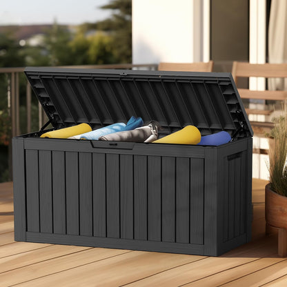 ROJIK 340 Gallon Deck Box Outdoor Waterproof,Weatherproof Outdoor Storage Boxes Lockable with Lid,Outside Resin Storage Bench for Patio Cushions,Garden Tools and Pool Accessories(Black)