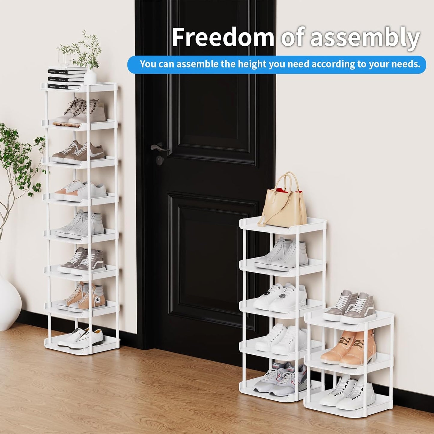 6 Tier Vertical Narrow Shoe Rack, Stackable Tall Skinny Shoerack, Compact Single Shoes Storage Tower for Slim Space, Corner Plastic Shelves, for Hallways, Entryway, Bedrooms Organizer, Black