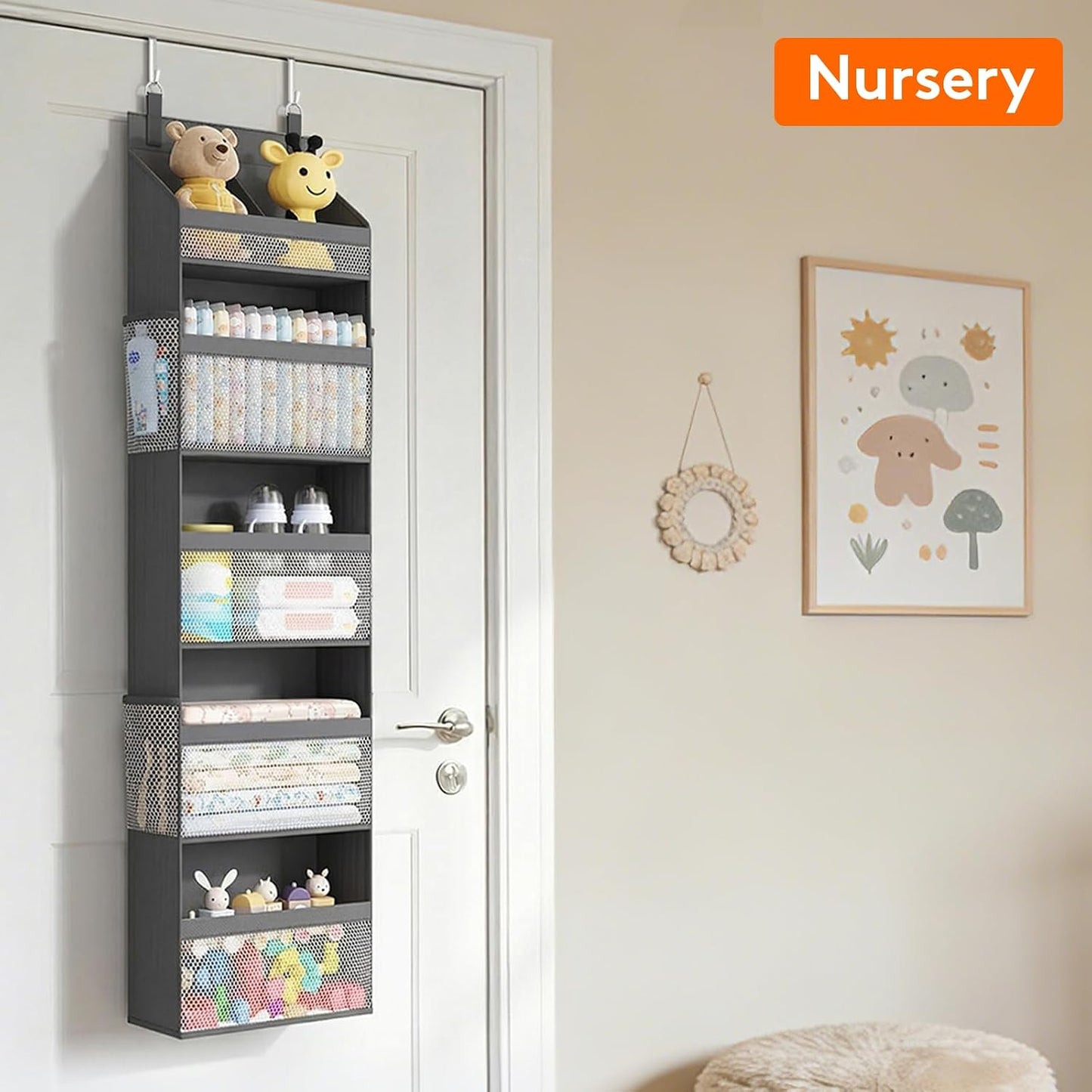 Lifewit 4 Tier Over the Door Diaper Organizer for Nursery, Large Heavy Duty Hanging Storage with 4 Mesh Side Pockets, Sturdy Back of Door Shelf for Baby Stuff Toy in Pantry, Laundry, Bathroom, Gray