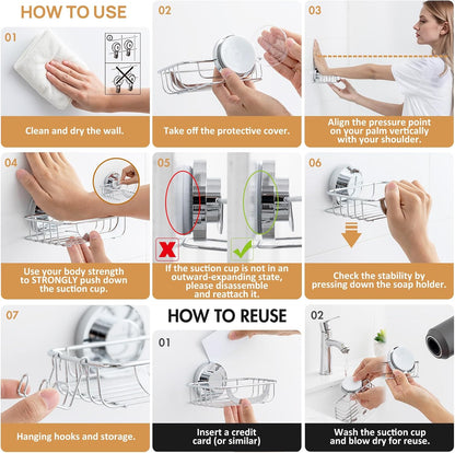 LEVERLOC Soap Dish Holder for Shower Suction Cup Wall Mounted Self Draining NO-Drilling Removable Bar Soap Sponge Holder for Bathroom Bathtub Kitchen Sink Waterproof Strong Vacuum Suction Adhesion