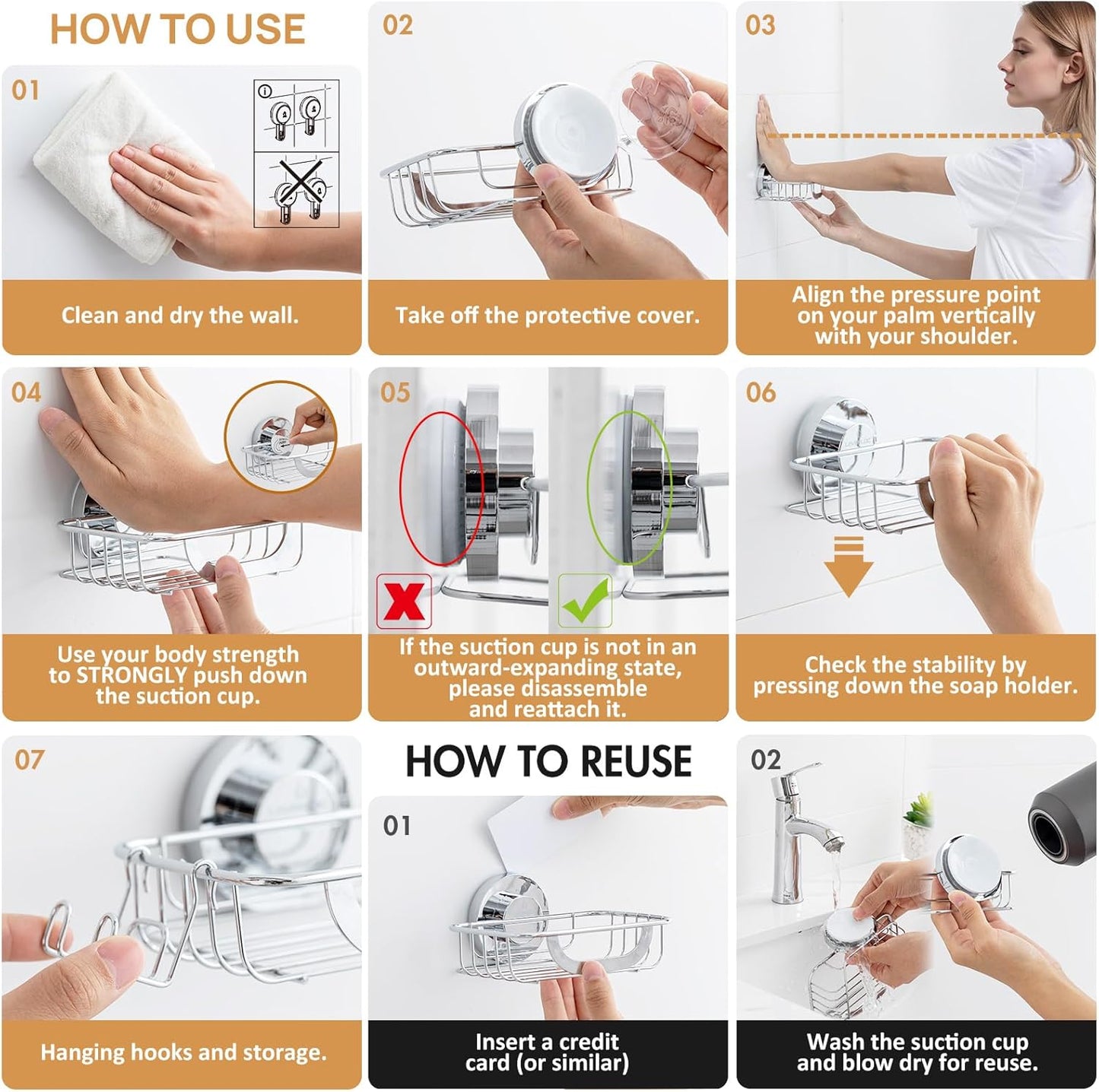 LEVERLOC Bar Soap Holder for Shower with Hooks, Suction Cup Soap Dish Rustproof Stainless Steel for Bathroom Accessories, Sponge Saver Black