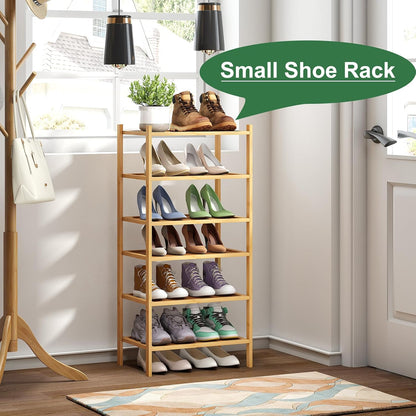 kiplant Small Shoe Rack, 4-Tier Bamboo Wood Shoe Rack for Entryway, Stackable Shoe Organizer for Hallway Closet, Free Standing Shoe Racks for Indoor & Outdoor