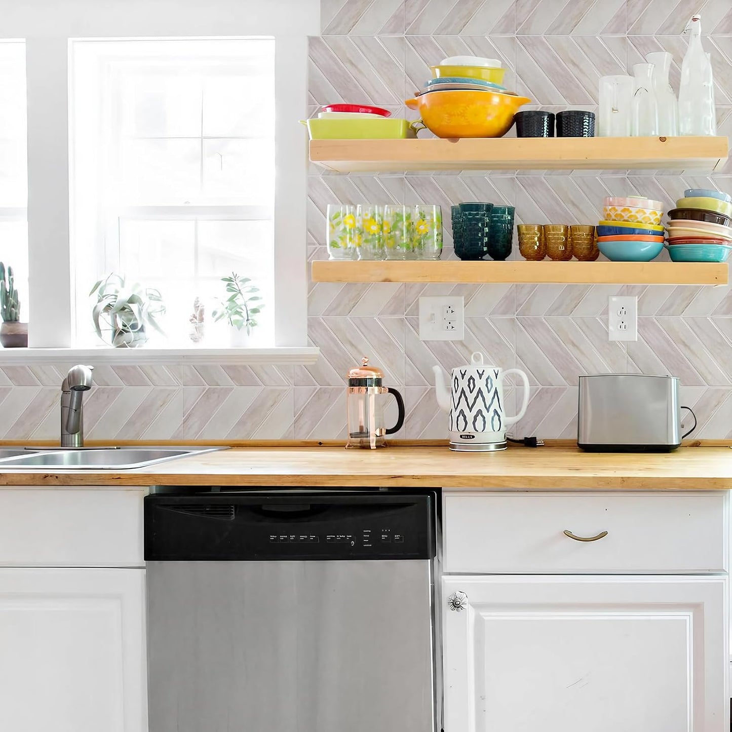STICKGOO 10 Sheets Thicker Herringbone Peel and Stick Backsplash, 12.6”×9.7” Stick on Wall Tiles, Self Adhesive Tile Sticker for Kitchen Backsplash and Bathroom, White with Grey Grout