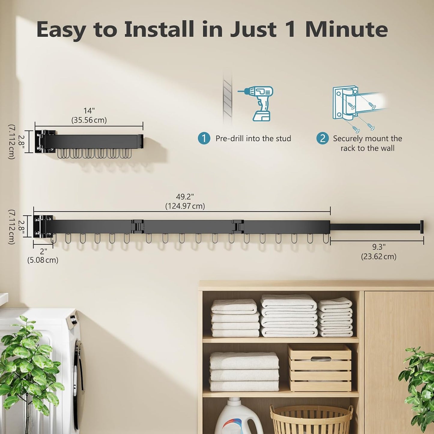 JAUREE Clothes Drying Rack Wall Mounted, Space-Saving Drying Rack Clothing, Collapsible Foldable Retractable Laundry Rack with 18 Hooks, Indoor/Outdoor, White