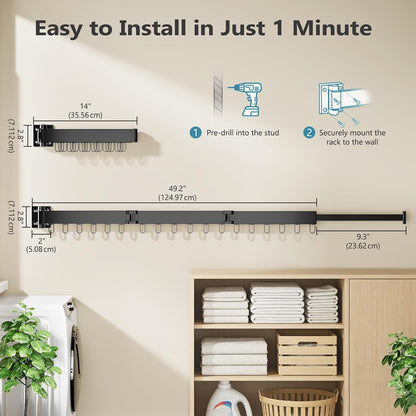 JAUREE Clothes Drying Rack Wall Mounted, Space-Saving Drying Rack Clothing, Collapsible Foldable Retractable Laundry Rack with 18 Hooks, Indoor/Outdoor, White