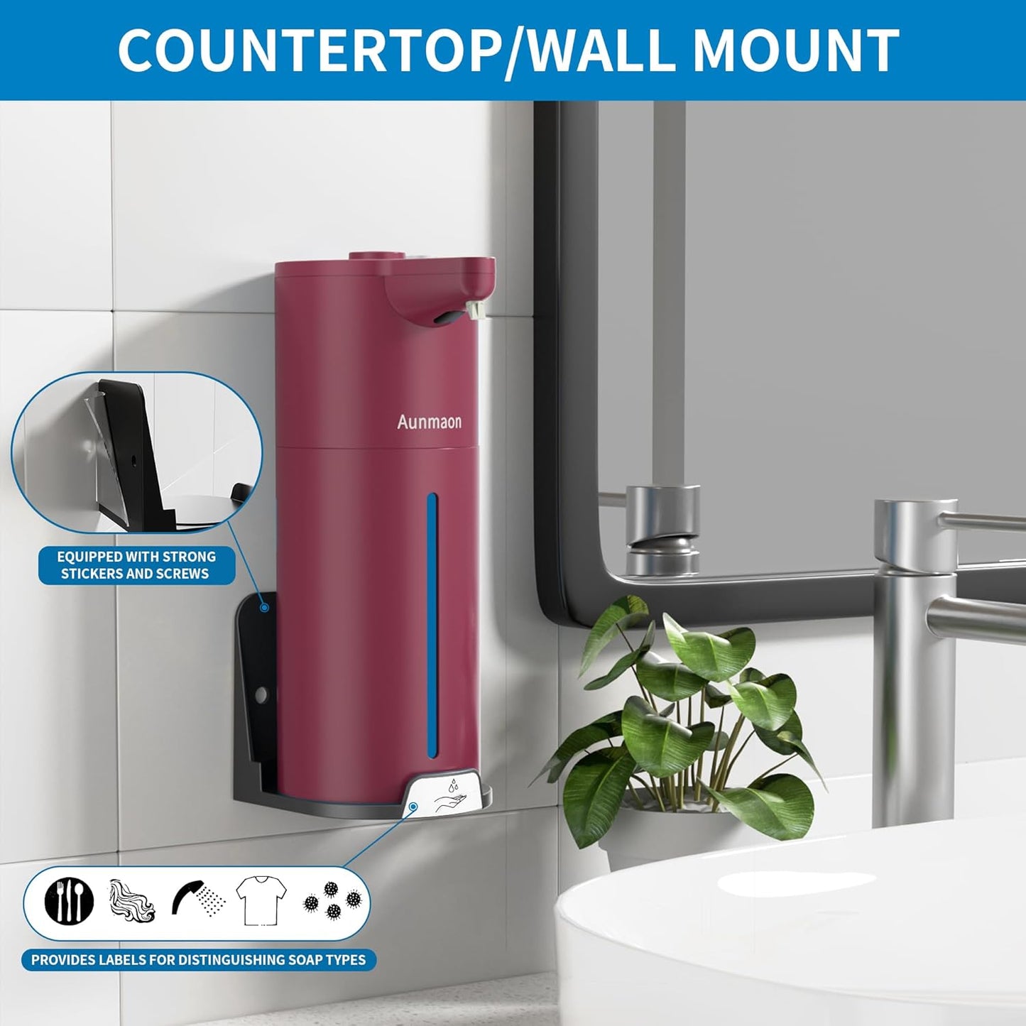 Aunmaon Automatic Soap Dispenser Touchless, Hands-Free, Multi Adjustable Volume, Long Battery Life, Compatible with Thick & Thin Dish/Hand Soap for Bathroom and Kitchen, Easy for Toddlers, Black