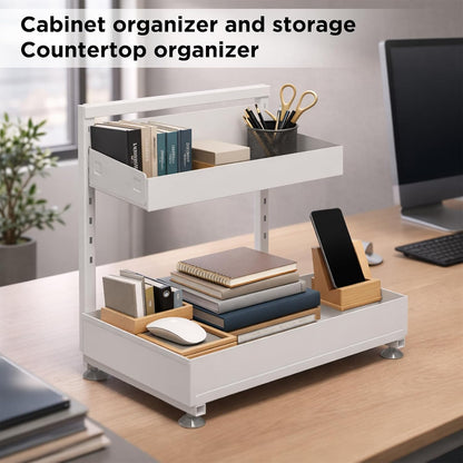Under Sink Organizer Bathroom Kitchen: 2 Pack 2 Tier Metal Under Cabinet Storage with Height-adjustable Shelf and Pull out Rack for Pantry Vanity Cupboard Counter Countertop, White