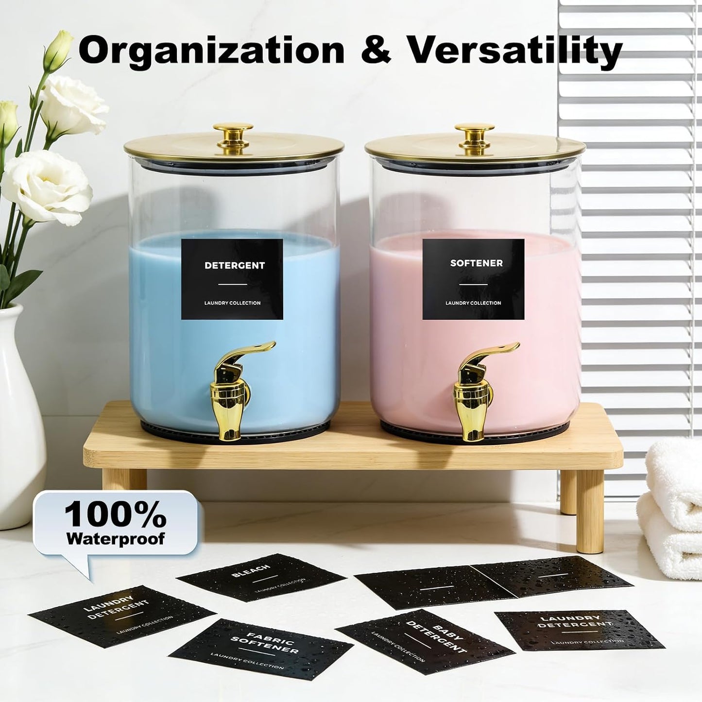 Glass Laundry Detergent Dispenser for Laundry Room Organization(2, Gold) | 1 Gallon Large Liquid Soap Dispenser with Black Metal Lid & Leak-Proof Spigot, 2 Measured Cups, 2 Silicone Mats & 9 Labels