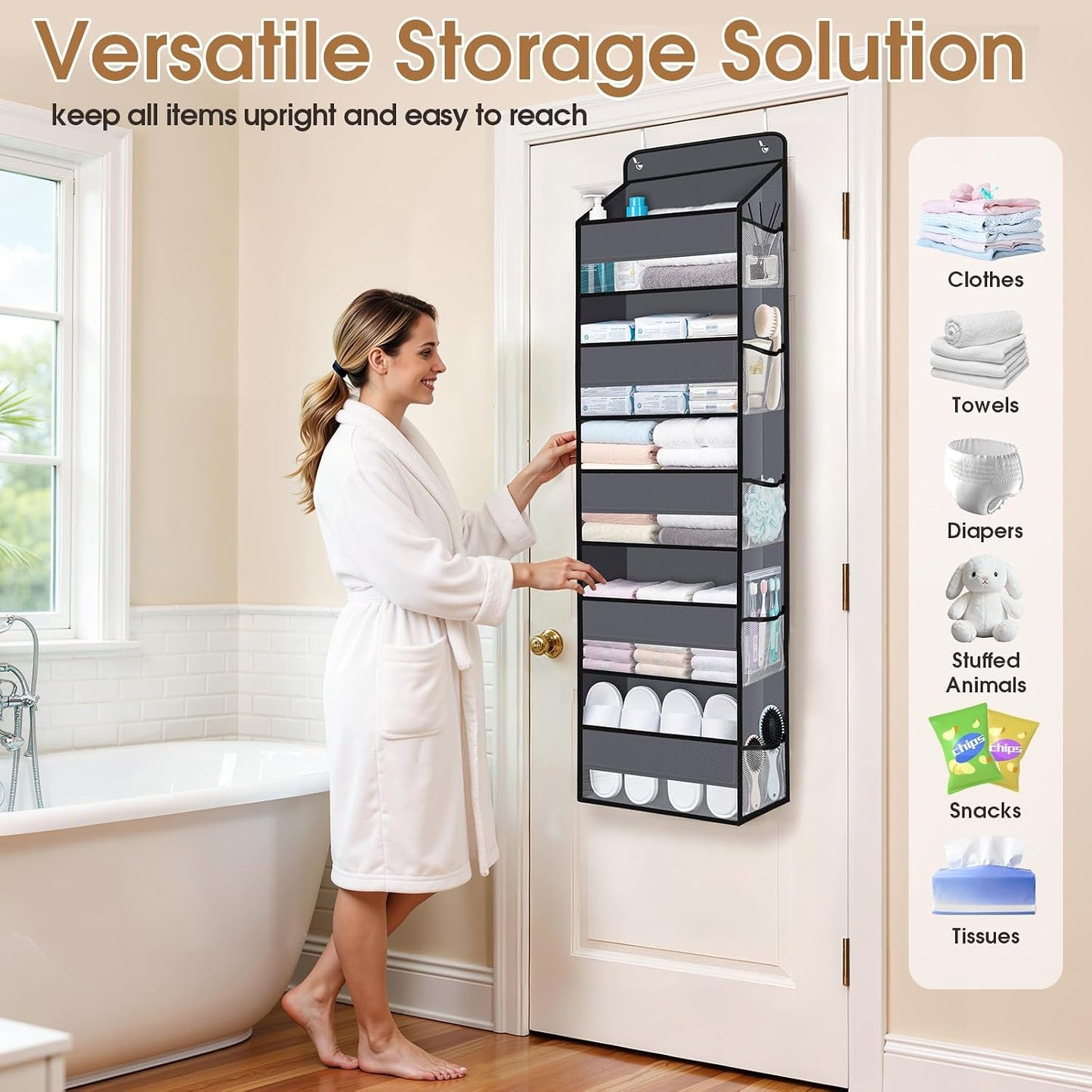 WISELIFE Over The Door Organizer Storage with 4 Large Pockets Door Hanging Organizer with Clear Windows behind The Door Storage for Nursery Bedroom Bathroom Pantry Closet and Baby Essentials Dark Grey