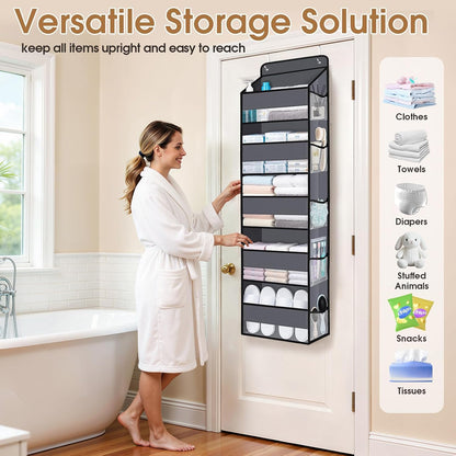 WISELIFE Over The Door Organizer Storage with 4 Large Pockets Door Hanging Organizer with Clear Windows behind The Door Storage for Nursery Bedroom Bathroom Pantry Closet and Baby Essentials Dark Grey