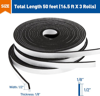 MAGZO Weather Stripping Door Seal, 1/2 Inch Wide X 1/8 Inch Thick Adhesive Foam Tape Soundproof Weatherstripping for Windows, 3 Rolls Total 50FT Black