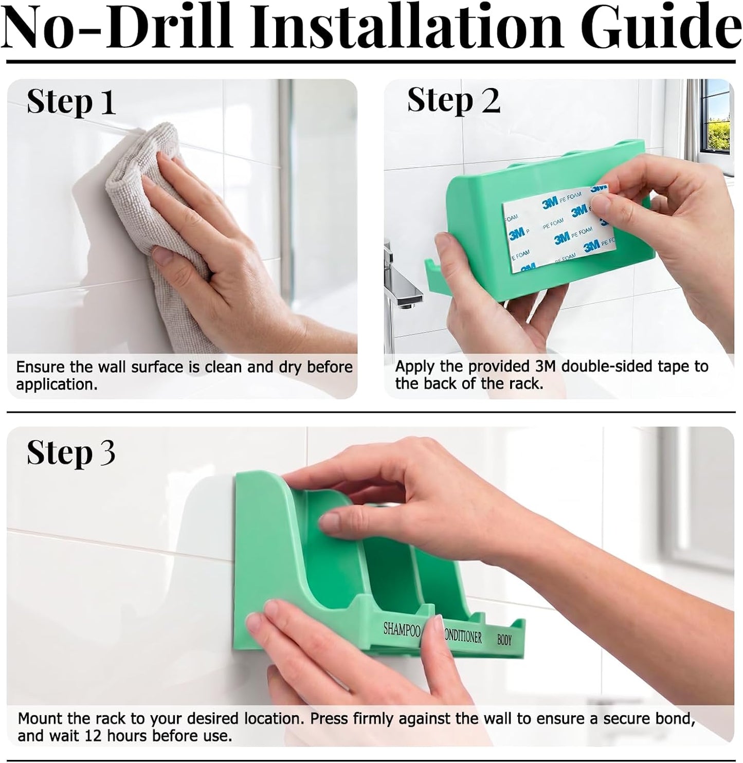 Soap Holder for Shower Wall, 3-Compartment Soap Dish for Shampoo, Conditioner and Body Soap, Fast Draining & Rust-Proof & Heavy Duty, Ultra-Strong Adhesive for Long-Term Bathroom Use & Freestanding
