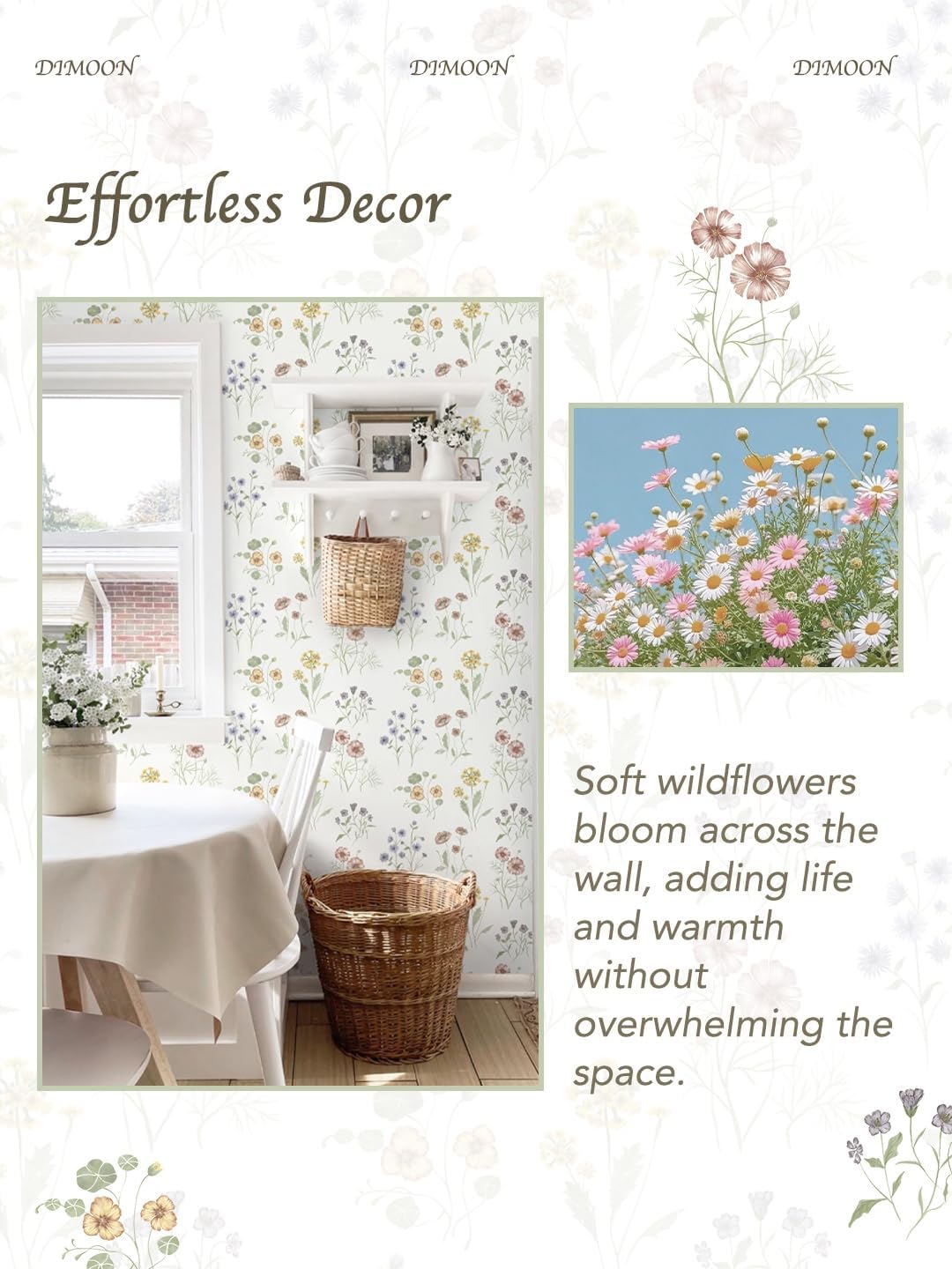 Dimoon 17.3''x78.7'' Vintage Peel and Stick Wallpaper Boho Beige Neutral Contact Paper White Floral Bird Wallpaper Removable Botanical Renter Friendly Modern Wall Paper Bedroom Bathroom Vinyl Roll