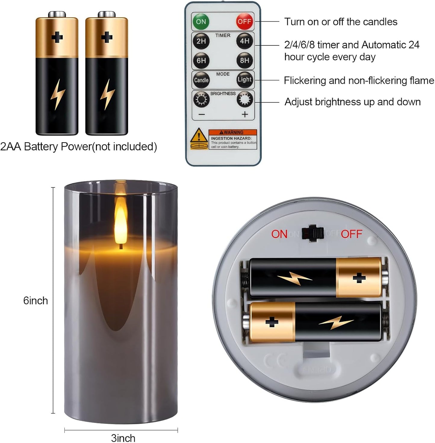 5plots Glass Battery Operated White Flameless Candles with Remote Timer, 3D Wick Real Wax Pillar Led Candles Warm Flickering Light for Indoor Home, Halloween, Christmas Decor, Set of 3, D3 x H4 5" 6"