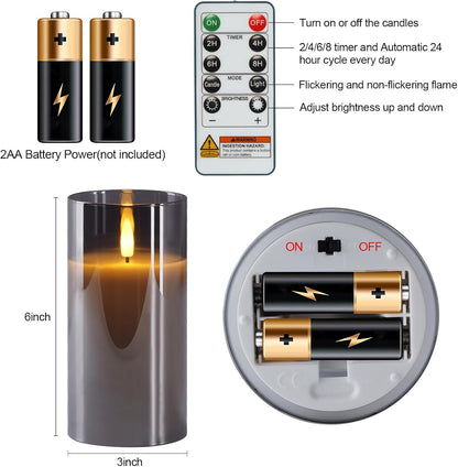 5plots Glass Battery Operated White Flameless Candles with Remote Timer, 3D Wick Real Wax Pillar Led Candles Warm Flickering Light for Indoor Home, Halloween, Christmas Decor, Set of 3, D3 x H4 5" 6"