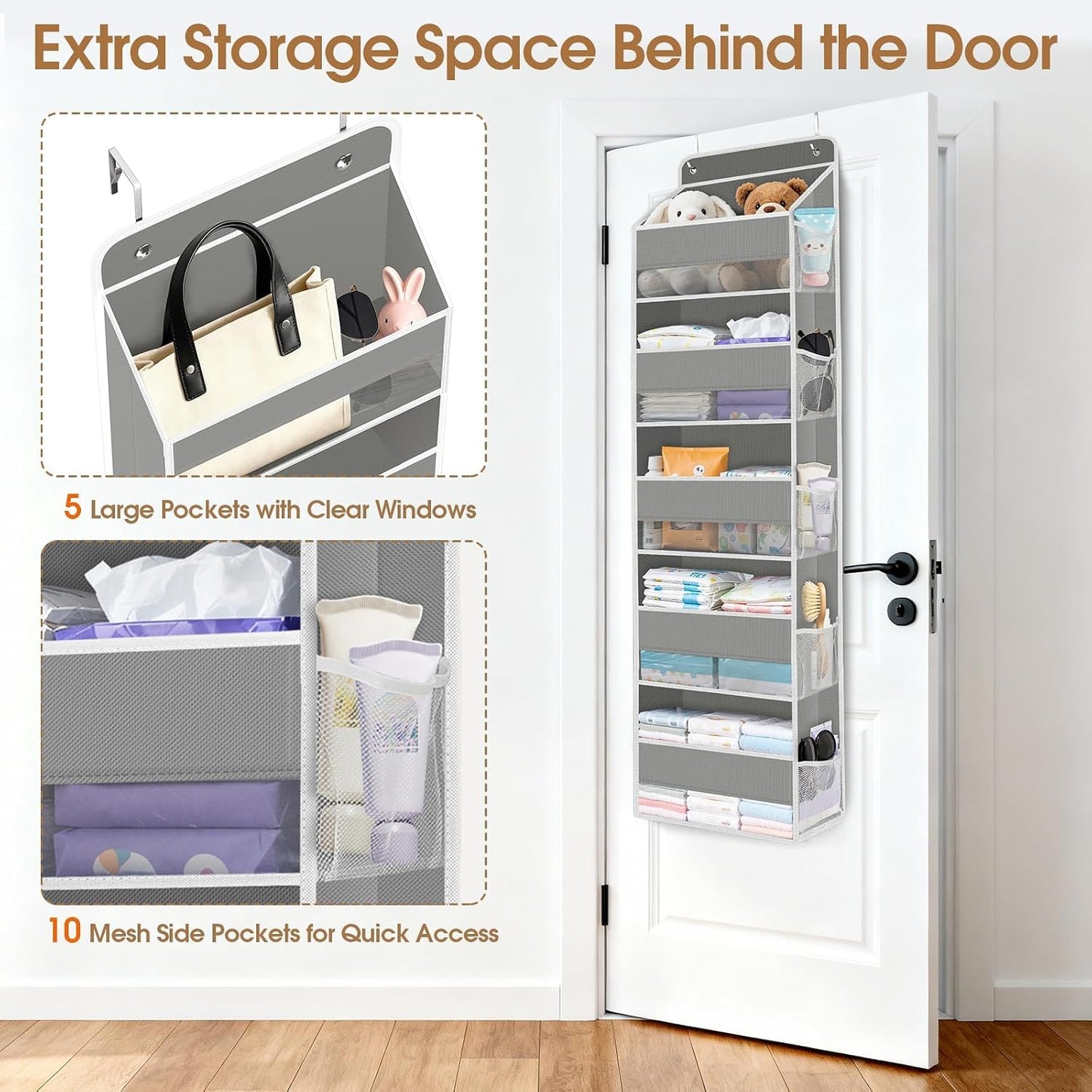 WISELIFE Over The Door Organizer Storage with 4 Large Pockets Door Hanging Organizer with Clear Windows behind The Door Storage for Nursery Bedroom Bathroom Pantry Closet and Baby Essentials Dark Grey