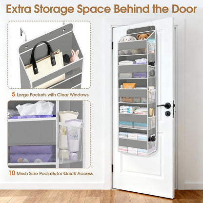 WISELIFE Over The Door Organizer Storage with 4 Large Pockets Door Hanging Organizer with Clear Windows behind The Door Storage for Nursery Bedroom Bathroom Pantry Closet and Baby Essentials Dark Grey