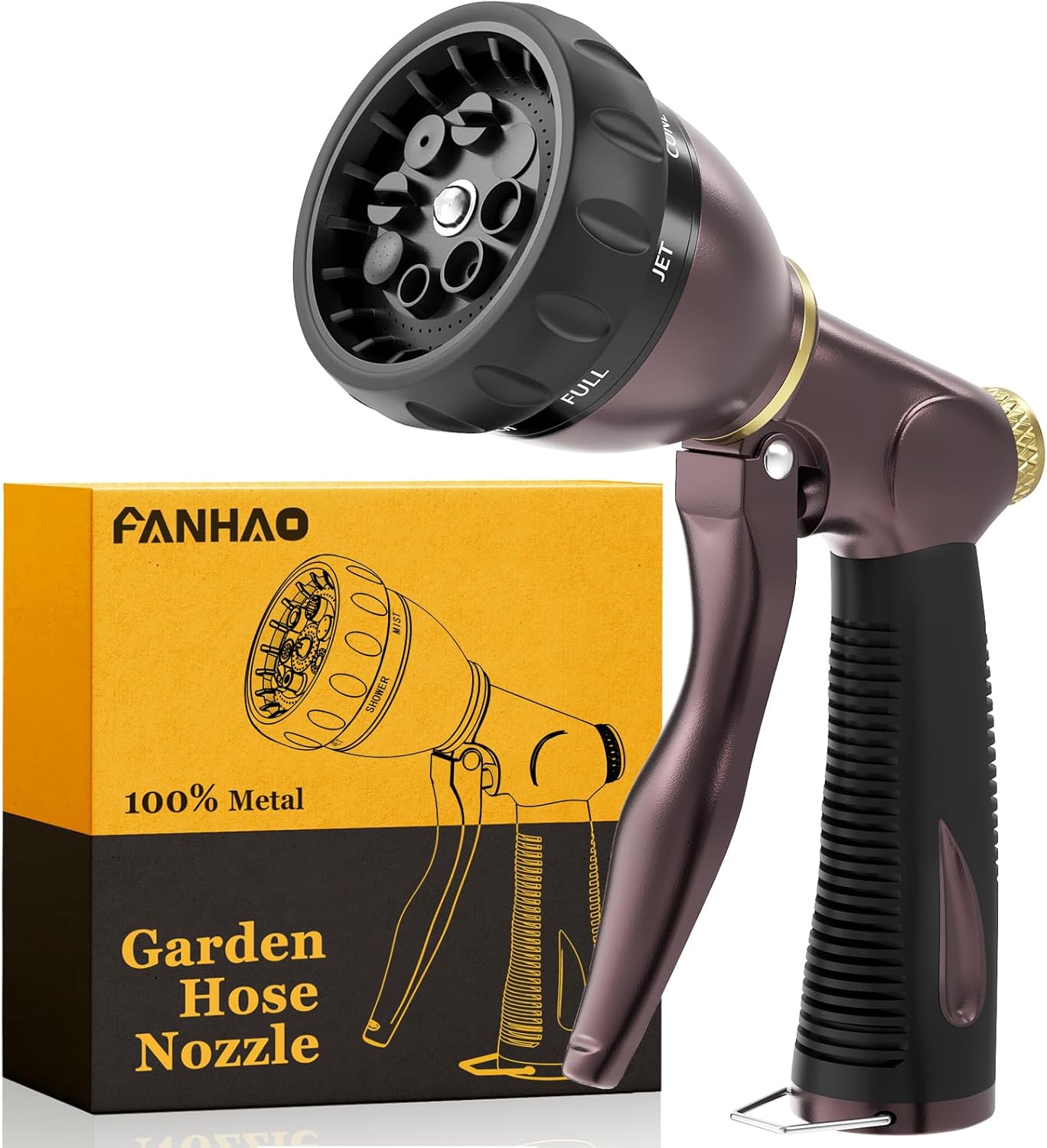 FANHAO Heavy Duty Garden Hose Nozzle, 100% Metal Water Nozzle with 8 Adjustable Spray Patterns, High Pressure Hose Sprayer with Non-Slip Grip for Watering Plants & Lawns, Washing Cars & Pets -Silver