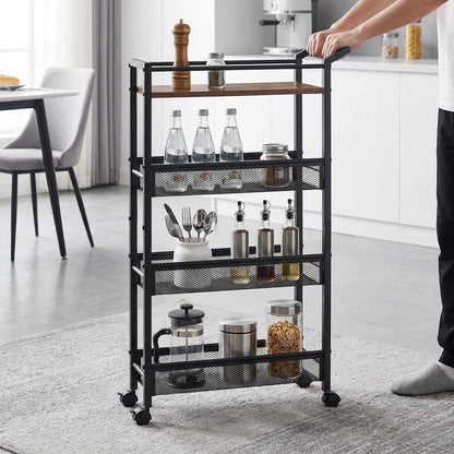 4 Tier Slim Rolling Storage Cart, 5.1 Inch Wide Narrow Storage Cart with Handle, Iron Wood Utility Slide Out Pantry Shelf Organizer for Laundry Room, Bathroom, Kitchen, Small Spaces,White