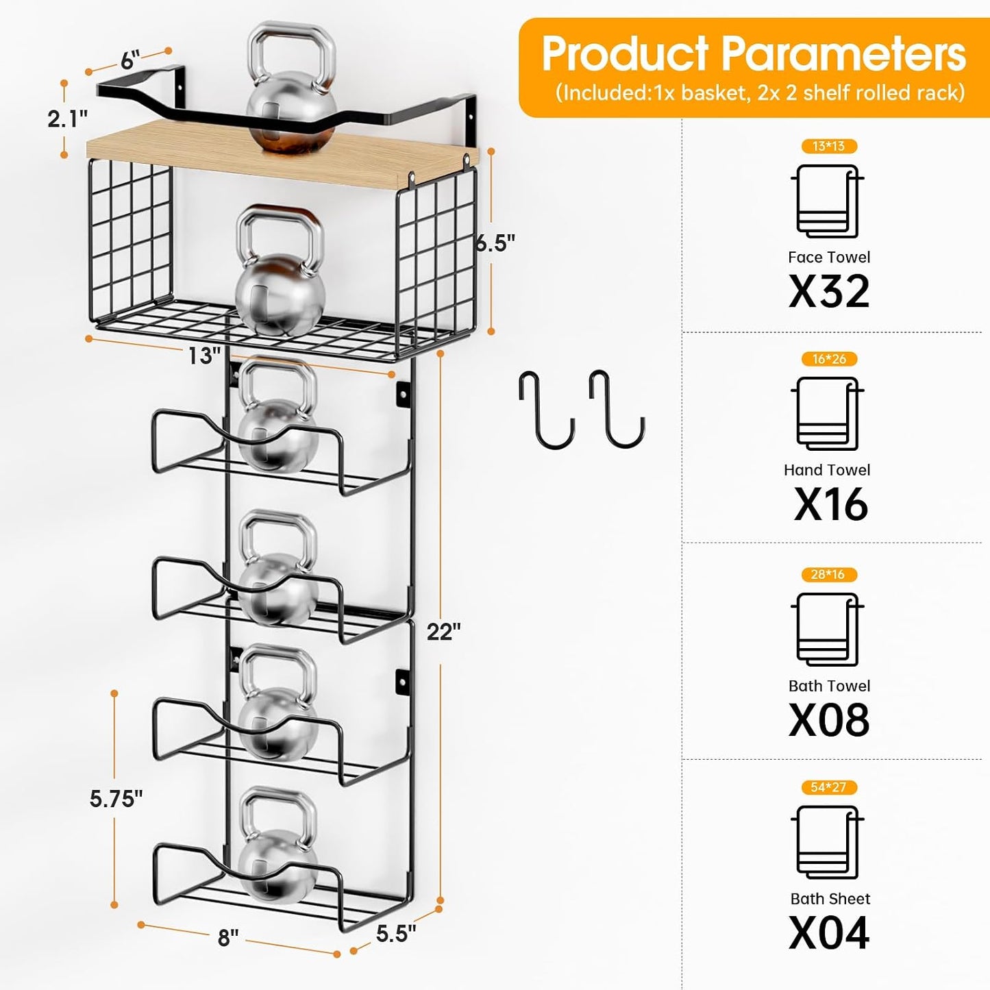 Towel Racks for Bathroom,Towel Rack Wall Mounted, 6 Tier Rolled Or Folded Towel Holder with Floating Shelves, Bathroom Towel Holder for Bath, Hand Towels,Metal and Wood