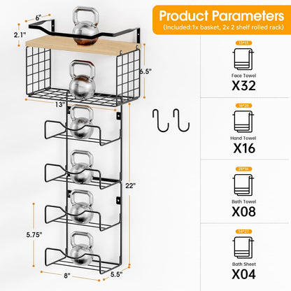 Towel Racks for Bathroom,Towel Rack Wall Mounted, 6 Tier Rolled Or Folded Towel Holder with Floating Shelves, Bathroom Towel Holder for Bath, Hand Towels,Metal and Wood