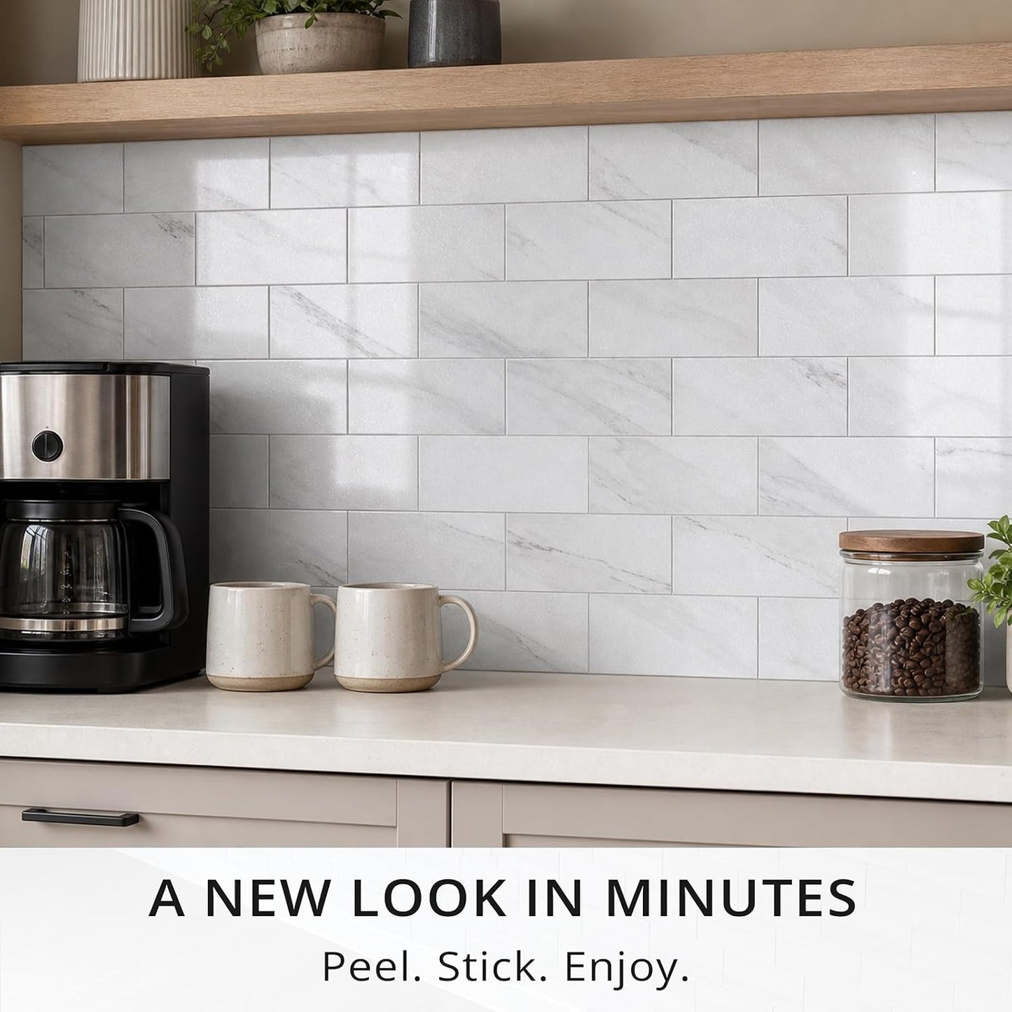 StyloVue 100 Pieces Peel and Stick Backsplash for Kitchen, 3" x 6" PVC Subway Tile, Glossy White with Dark Gray Grout, Self Adhesive Stick on Wall Tiles for Kitchen, Bathroom, Fireplace, RV