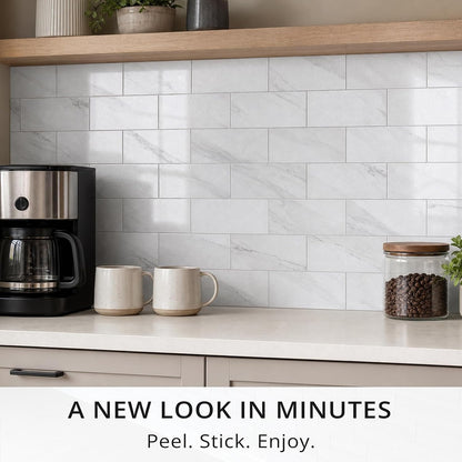 StyloVue 100 Pieces Peel and Stick Backsplash for Kitchen, 3" x 6" PVC Subway Tile, Glossy White with Dark Gray Grout, Self Adhesive Stick on Wall Tiles for Kitchen, Bathroom, Fireplace, RV