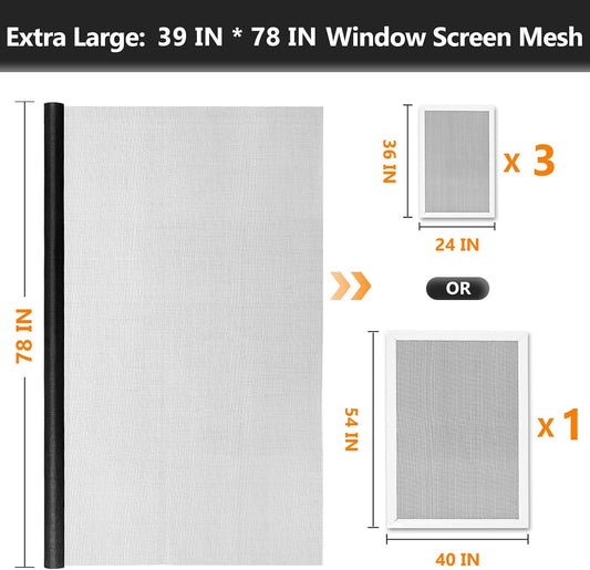 Secopad Window Screen Repair Kit, 39" x 78" Screen Door Mesh Replacement Kit, Durable Fiberglass Roll with Tools for Windows Doors Patio and Porch Replacement, Black