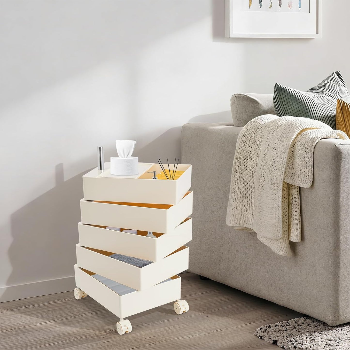 TFCFL 5 Tier Rolling Storage Cart, 360° Rotating Sofa Side Cabinet, Storage Cabinet Bedside Table for Bathroom Kitchen, Movable Narrow Cabinet with Wheels for Living Rooms, Kitchens, Offices (White)