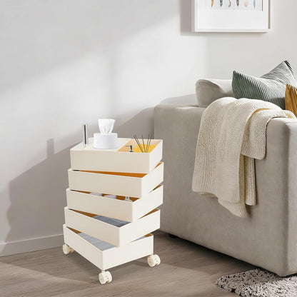 TFCFL 5 Tier Rolling Storage Cart, 360° Rotating Sofa Side Cabinet, Storage Cabinet Bedside Table for Bathroom Kitchen, Movable Narrow Cabinet with Wheels for Living Rooms, Kitchens, Offices (White)