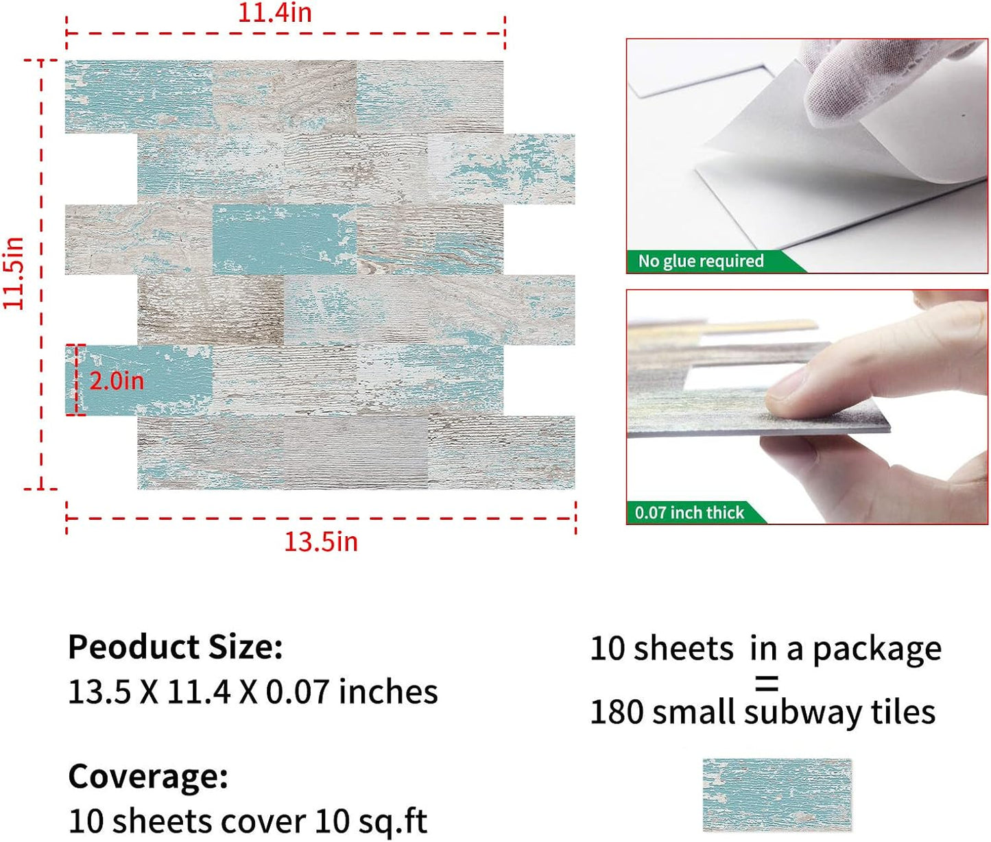 DEWOO Peel and Stick Wall Tile Backsplash PVC Self Adhesive Tiles for Kitchen Bathroom Turquoise Teal (10-Sheet, 13.5" x 11.4") | Self adhesive, thick, cover, vintage, retro, pvc adhesive wall tile, 34 x 29 cm