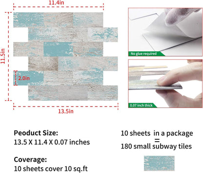 DEWOO Peel and Stick Wall Tile Backsplash PVC Self Adhesive Tiles for Kitchen Bathroom Turquoise Teal (10-Sheet, 13.5" x 11.4") | Self adhesive, thick, cover, vintage, retro, pvc adhesive wall tile, 34 x 29 cm