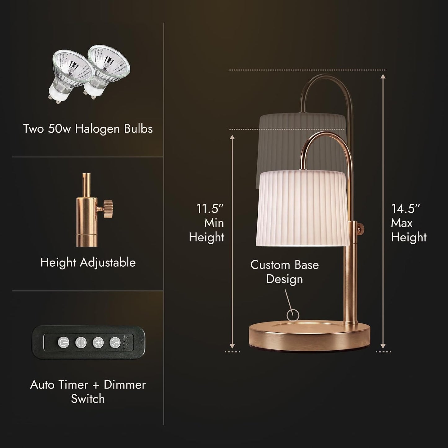 Dimmable Glass Candle Warmer Lamp with Timer - Adjustable Height Candle Lamp Warmer with Timer (8H/4H/2H) - Wax Melter - Ideal Gift, fits Various Size Scented Candles - 02 Bulb - (Gold Metal)
