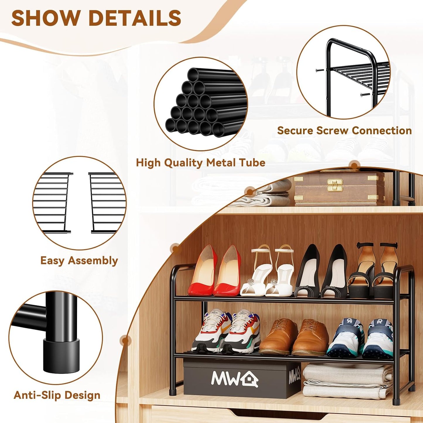 Simple Shoe Rack 2 Tier 27 Inch Wide, Heavy Duty Metal Closet Shoe Organizer Shelf for Entryway, Front Door, Black