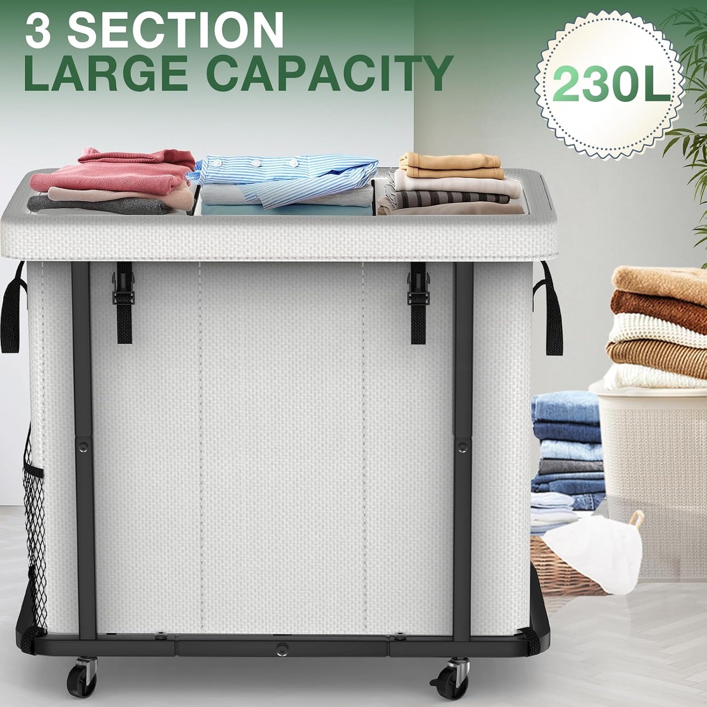 60 Gal(230L) Laundry Basket with Lid, Rolling Laundry Hamper with Wheels, Dirty Clothes Hamper with Metal Frame and Removable Bag Design, Suitable for Laundry Room, Bedroom (Black, 3 Section 230L)