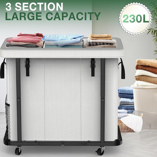 60 Gal(230L) Laundry Basket with Lid, Rolling Laundry Hamper with Wheels, Dirty Clothes Hamper with Metal Frame and Removable Bag Design, Suitable for Laundry Room, Bedroom (Black, 3 Section 230L)