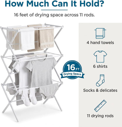 Honey-Can-Do Heavy-Duty Gullwing Clothes Drying Rack, 50 lb, White | Gullwing rack adds 46 ft of drying space with dedicated shoe bars. Sturdy metal, 50 lb capacity, folds flat.