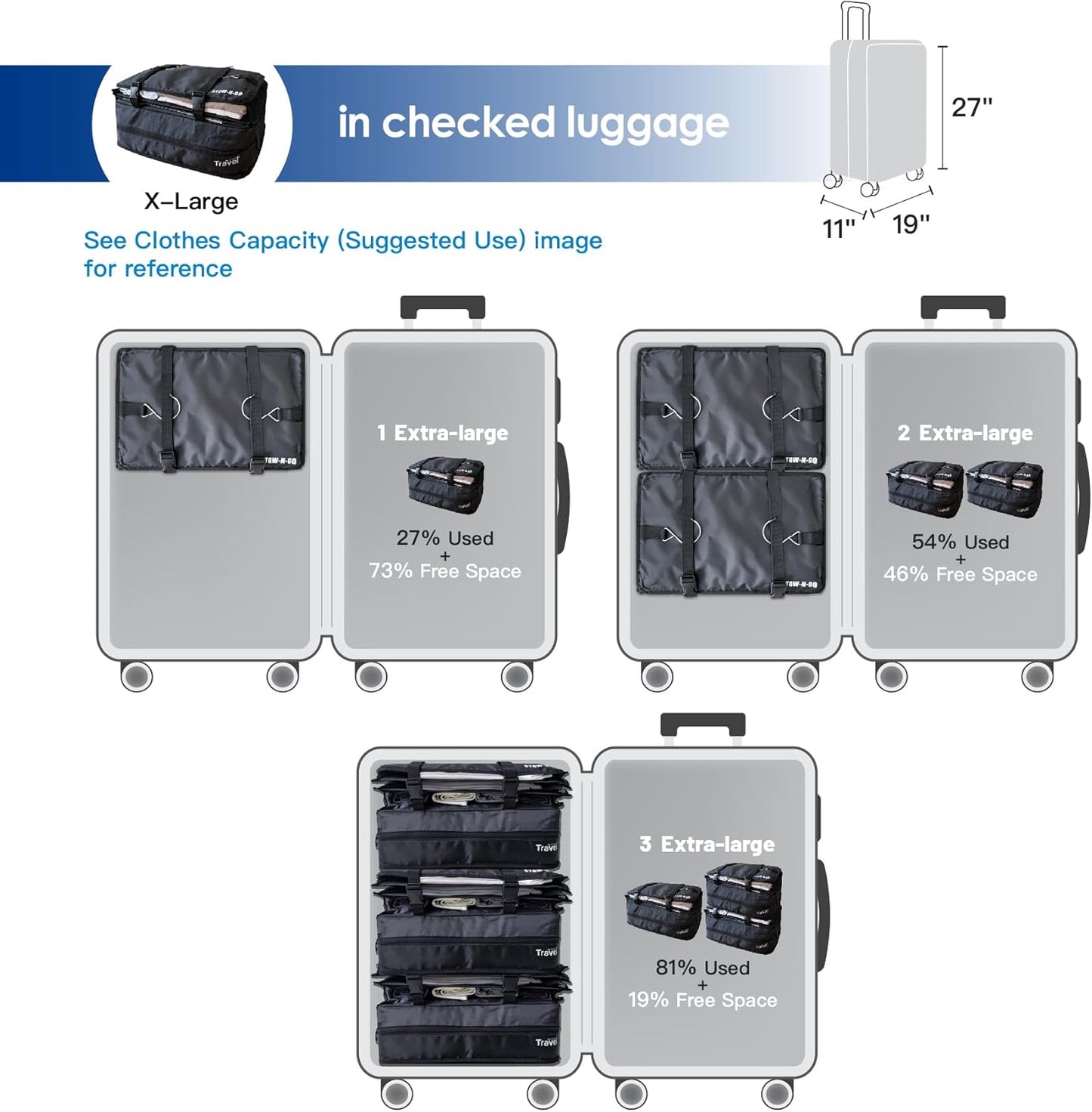 Grand Fusion Stow-N-Go Hanging Travel Shelves, Packing Organizer for Luggage. Carry on Closet for Suitcase. Expandable Packing Cube. Travel Essentials. (Black - L, L = (L) 11.8" x (W) 11.8")