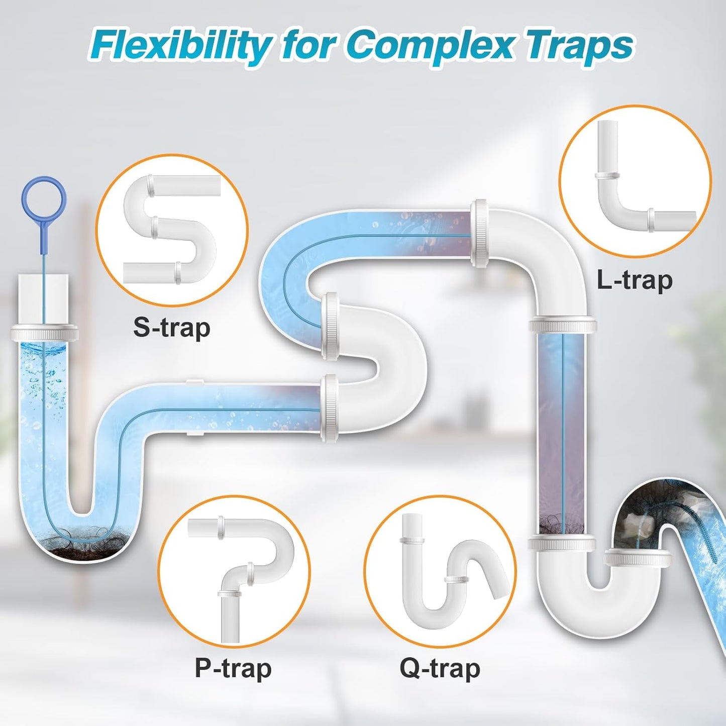 4 Pack Snake Drain Hair Removal Tool, Reusable Drain Snake Hair Drain Clog Remover Tool, 50 Inch Anti-break Steel Shower Drain Snake for Bathtub, Bathroom Sink Drain Unclog
