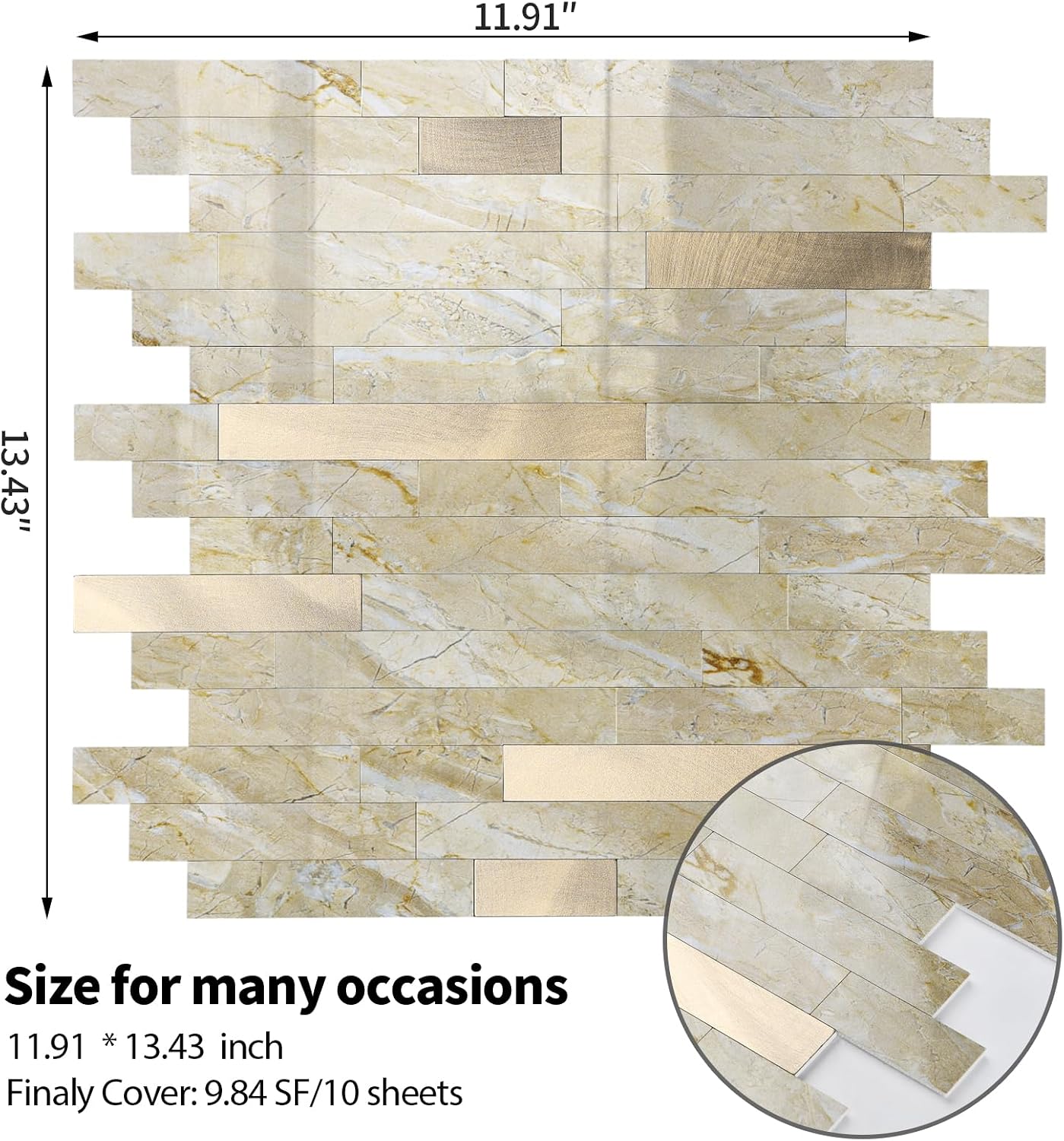 Yipscazo 2026 New Upgrade 11.34" X 11.57" Peel and Stick Backsplash, Stick on Backsplash Tiles for Kitchen, Bathroom, Fireplace (10 Sheets, Beige Rocks + Rose Gold)