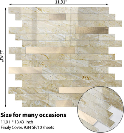 Yipscazo 2026 New Upgrade 11.34" X 11.57" Peel and Stick Backsplash, Stick on Backsplash Tiles for Kitchen, Bathroom, Fireplace (10 Sheets, Beige Rocks + Rose Gold)