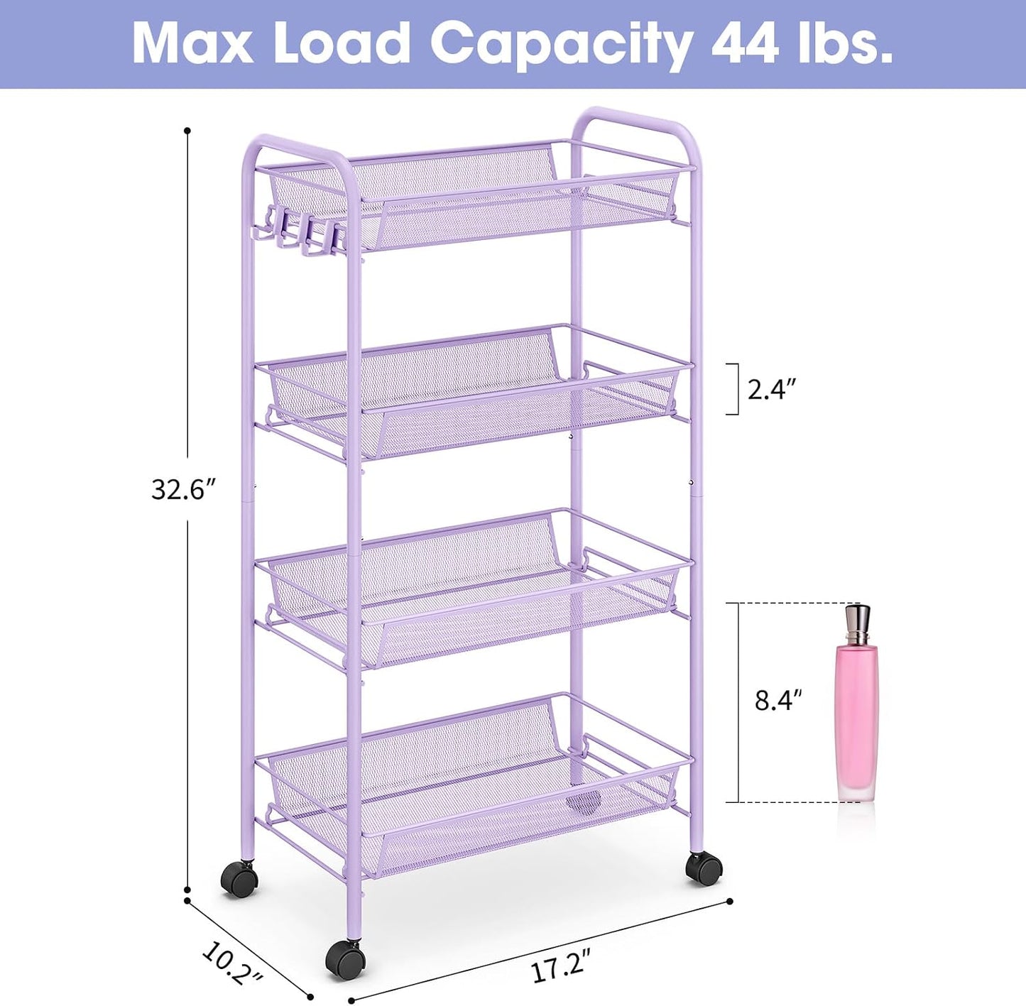 TOOLF 3-Tier Metal Rolling Cart, Mesh Wire Easy Assemble Utility Cart, Storage Trolley on Wheels with 3 Hooks, MetalStorage Shelving Units for Kitchen Bathroom Laundry Room