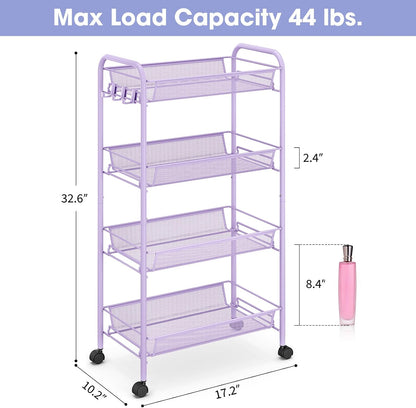 TOOLF 3-Tier Metal Rolling Cart, Mesh Wire Easy Assemble Utility Cart, Storage Trolley on Wheels with 3 Hooks, MetalStorage Shelving Units for Kitchen Bathroom Laundry Room