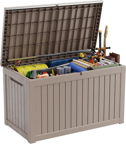 ROJIK 340 Gallon Deck Box Outdoor Waterproof,Weatherproof Outdoor Storage Boxes Lockable with Lid,Outside Resin Storage Bench for Patio Cushions,Garden Tools and Pool Accessories(Black)