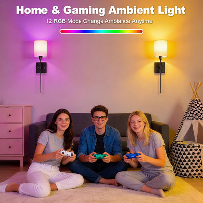 Battery Operated Wall Sconce Set of 2, Black Wireless Wall Lights with Remote 5300mAh Rechargeable Dimmable Bulb, 12 Colors Wireless Wall Sconces for Bedroom Living Room Hallway