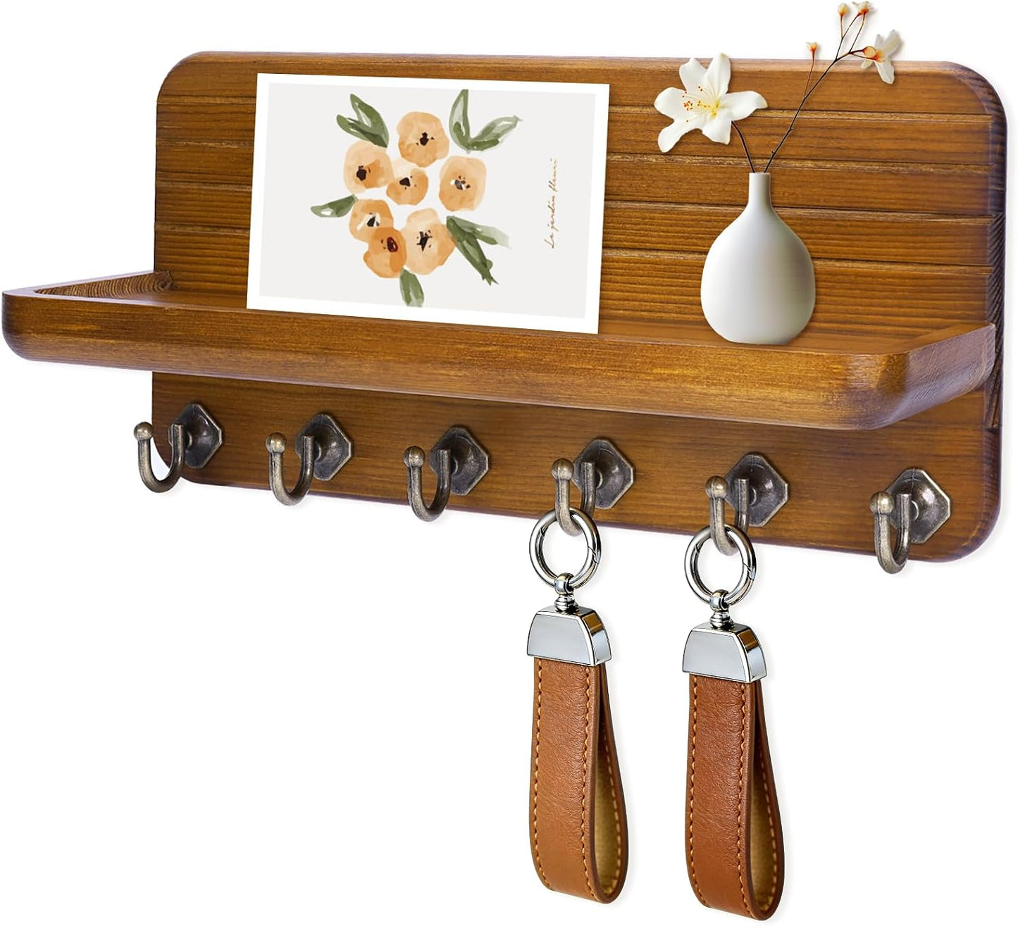Key Holder for Wall, Mail Organizer Wall Mount with 6 Hooks Wooden Hanging Key Rack for Home Decor, Hallway, Entryway (Brown)