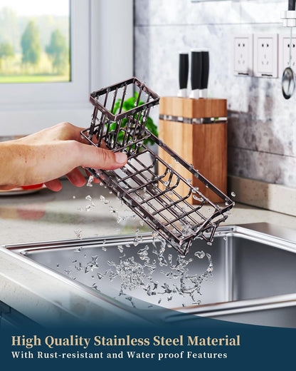 Consumest Sponge Holder for Kitchen Sink - Kitchen Sink Caddy Organizer with Removable Drip Tray for Countertop Dish Soap Dispenser Brush Storage Accessories 304 Stainless Steel - Black
