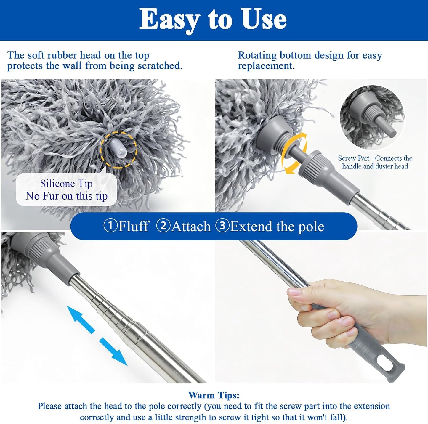 DELUX Microfiber Feather Duster Extendable Duster with 100 inches Extra Long Pole, Bendable Head & Long Handle Dusters for Cleaning Ceiling Fan, High Ceiling, Blinds, Furniture & Cars Gray